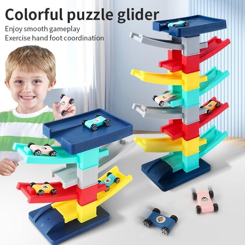 DIY Multilevel Racetrack Glider on Building Block Toys( with 3 Race Cars)